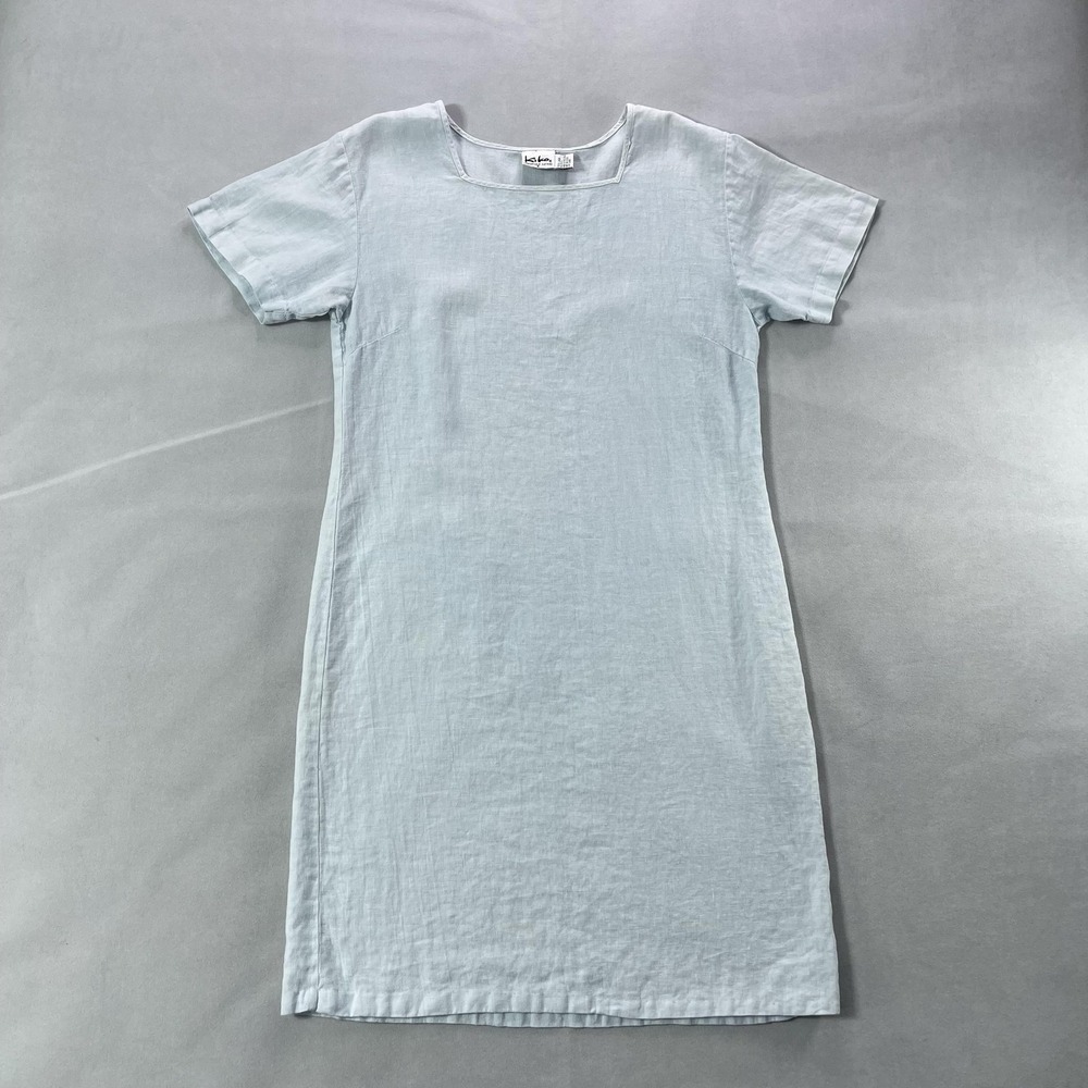 Kiko Linen Dress Women Small Blue Short Sleeve Square Neck Shift Knee‎ Length